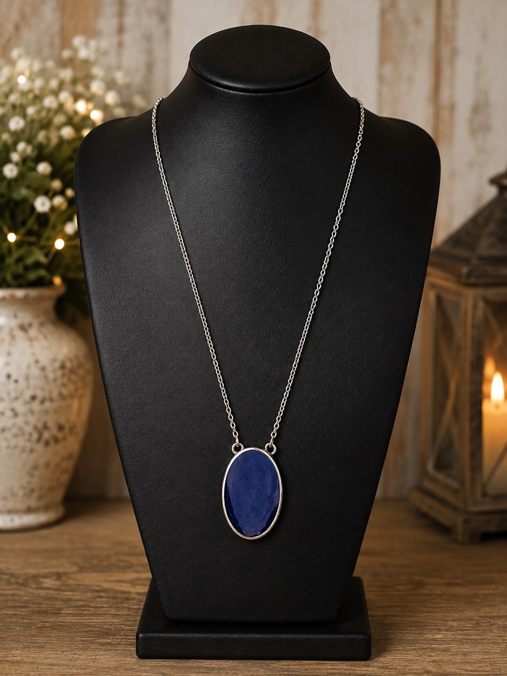 liz & co. Silver-Tone Necklace with Deep Blue Oval Pendant